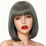 Svolna Short Bob Wig with Bangs, Grey Synthetic Straight Hair Wigs for Women, 14 Inch Cosplay Costume Bob Wig (grey#)