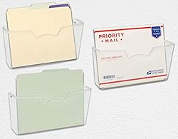 three clear plastic bins holding priority mail envelop and manila folders.