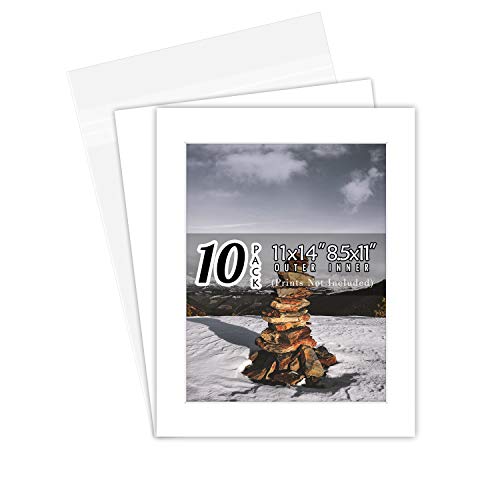 Golden State Art, Pack of 10, 11x14 White Picture Mat Full Set - Fit 8.5x11 Photo/Certificate - High Premier Acid Free Bevel Pre-Cut White Core Mattes - Includes 10 Backing Backer Board & Clear Bags