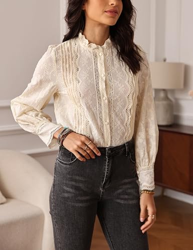 Womens Lace Embroidered Eyelet Cutout Shirt Summer Casual Long Sleeve Slim Fit Blouses Crewneck Tops3