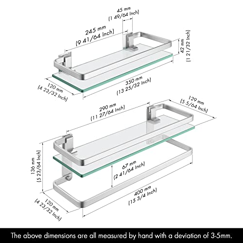 Kes Glass Bathroom Shelf, Glass Shelving For Wall Bathroom Shelf With Bar Corner Shelf Rack Rectangular Wall Mounted Rustproof Sand Sprayed Aluminum Silver, A4126A+A4127A #TOP2