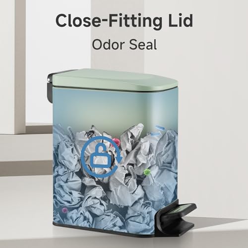 Image of TIPGO Small Bathroom Trash Can with Lid, 1.6 Gal, Soft Close, Green | Foot Pedal, Soft Quiet Lid, 5.9'' Slim for Narrow Space, Stainless Steel, Anti-fingerprint, Removable Inner Bucket, Odor Seal