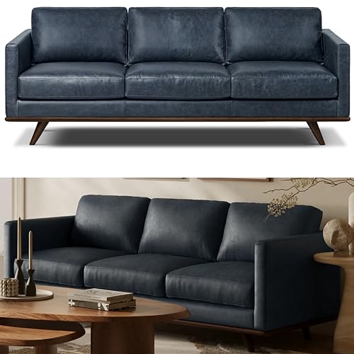 Image of Poly & Bark Nolita 85 inch Leather Sofa - Full-Grain Italian Aniline Leather, Feather-Down Comfort, Solid Wood Base - Nightfall Blue