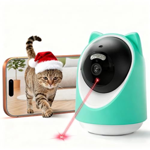 ASFSKY Pet Camera 2K Indoor Cat Camera Auto-Tracking for Cats, Cat Laser, Motion Detection Alerts, Night Vision, 2-Way Audio of pet Monitor, Cat Dog Home Security Camera with Phone App （Light Green）