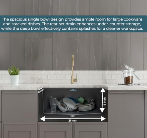 Image of ARQUIN Quartz Sink 21x18x9 Inch Black | Single Bowl Sink | Durable & Scratch-Resistant | Undermount /Topmount Including Coupling, Waste Pipe & Fruit Washing Basket