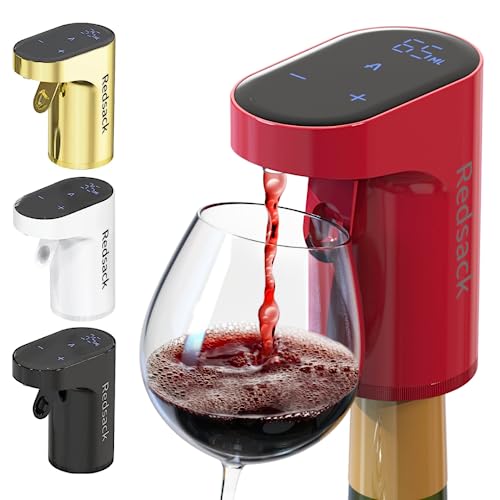 Aireador de vino – Vertido cuantificado eléctrico – Vino compacto vertido con dosificación ajustable – Vertido automático de bebidas para todos los tamaños de botella – Diseño fácil de usar (Rojo)