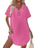 Ekouaer Beach Dresses for Women V-Neck Bikini Cover Ups Lace Crochet Short Sleeve T Shirt Swimsuits Casual Dress Pink M