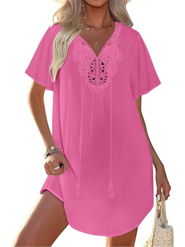 Ekouaer Beach Dresses for Women V-Neck Bikini Cover Ups Lace Crochet Short Sleeve T Shirt Swimsuits Casual Dress Pink M