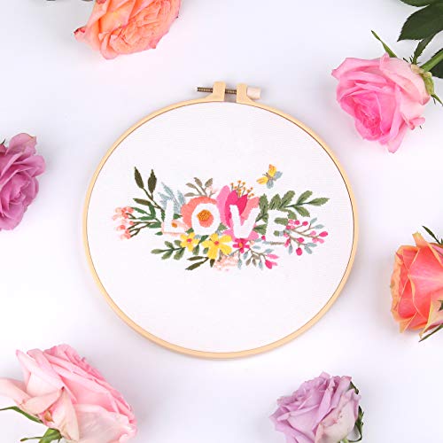 1 Beginner Cross Stitch Embroidery kit, Including 1 Plastic Embroidery Ring, Embroidered Cloth with Floral Patterns, Colored Threads, Needles and Embroidery Instructions