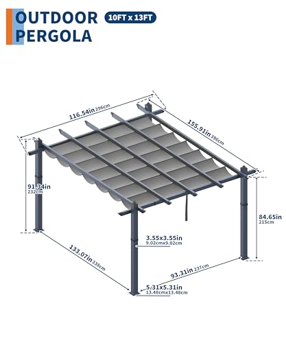 10 x 13 Ft Aluminum Pergola, Outdoor Metal Gazebo with Adjustable Canopy, Reinforced Frame Outdoor Shelter for Backyard, Patio, Garden and Deck - Grey