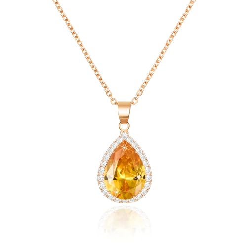 Linawe Collier à chaîne avec pendentif en diamant citrine pour femmes, ensemble de bijoux en or rose pour femmes, collier à breloques en cristal, collier...