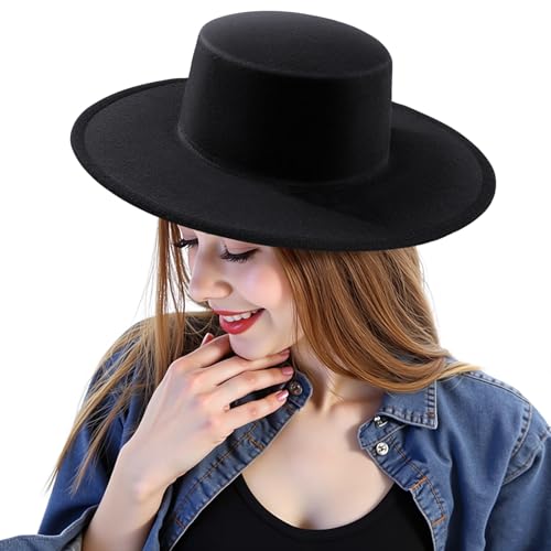 YEAJOIN Fashion Classic Black Fedora Flat Hat Large Size, Wide Brim Jazz Hats Church Derby Cap for Women and Men Causal Wear