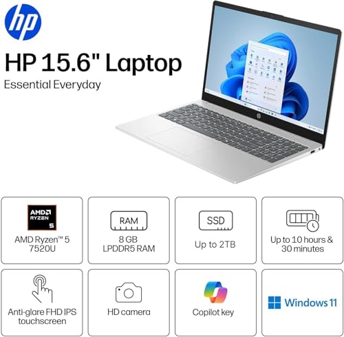 Image of HP Touchscreen 15.6 inch FHD Business Laptop Computer | 2026 Edition | AMD Ryzen 5 (Up to 4.3GHz) | 8GB DDR5 RAM, 512GB PCIe SSD | AI Copilot Key | Windows 11 with Office 365 for The Web • w /o Mouse