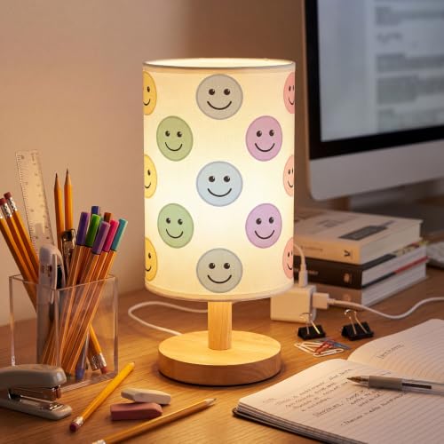 Gerrii Boho Smile Lamp for Classroom-3 Color Modes USB Bedside Table Lamp Wooden Base Flaxen Fabric Shade Desk Reading Light Gifts for Girls Boys Classroom Bedroom Living Room Home Table Decor
