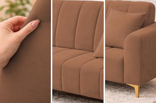 Image of Casaliving Velour Modern Velvet Sofa, Tufted Design Upholstered 3 Seater Sofa Set for Living Room, (Brown Colour) Premium Velvet Fabric Sofa