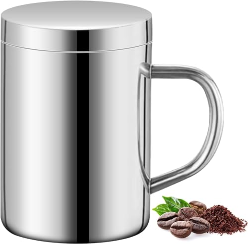 WSAMJIN Caneca de café de parede dupla de 400 ml, caneca de café isolada em aço inoxidável com alça e tampa, caneca de campismo para café, leite, sumo, chá e outras bebidas quentes ou frias