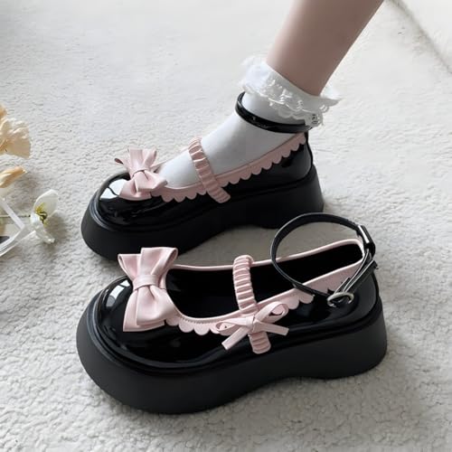 Kawaii Gothic Y2K Lolita Round Toe Platform Heels Pink Bows Lace Up Mary Jane Platform Shoes4