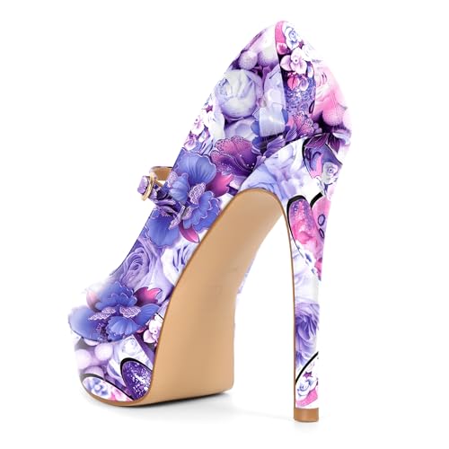 Image of SAMMITOP Women's Peep Toe High Heels Platform Stiletto Pumps Patent Mary Jane Heels 5.5 inch Party Wedding Dress Shoes