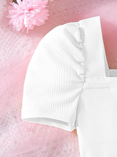 Image of Hilinker Girl's 2 Piece Outfits Puff Sleeve Square Neck Top and Mini Skort Sets White Pink 11-12 Year