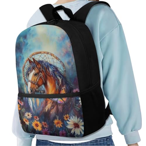 Daisy Horse Backpack for Girls 4-6 Dreamcatcher Bookbag with Zipper Pocket PU Leather Bookmarks Set of 2 Lightweight School Bag for Travel Outdoor4