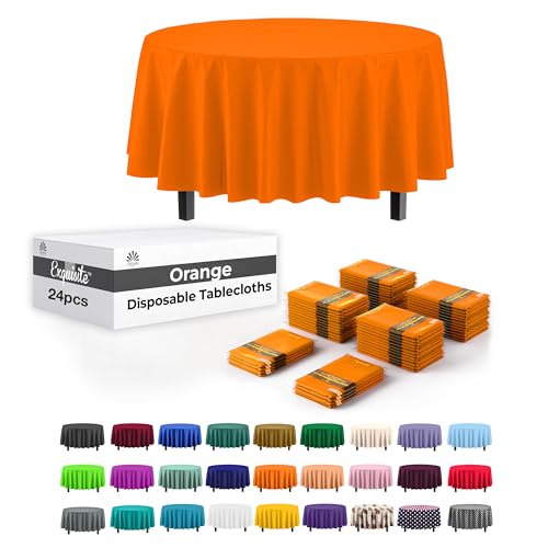 Image of Party Solids Orange Round Plastic Tablecloth - 84 Inch, Pack of 24