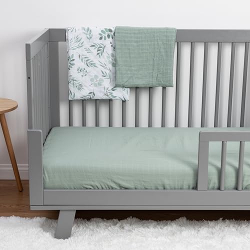 Image of Organic Muslin Fitted Crib Sheet - Organic Crib Sheet for Standard Crib and Toddler Mattresses, Soft and Breathable, Solid Sage Green, Boho Baby, 28 inchx52 inch