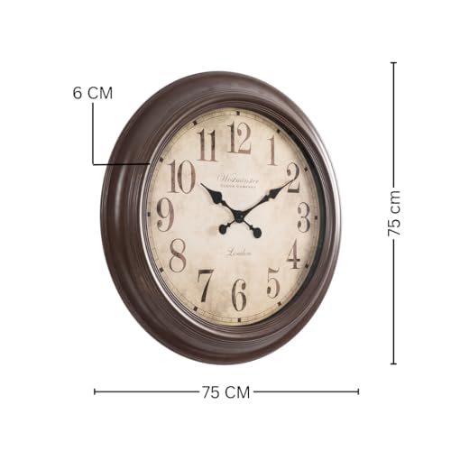 Image of Large Wall Clock - 30 Inch | Vintage Round Polyfiber Designer Clock with Brown Frame Big Clocks for Living Room, Bedroom & Home Decor (polyfibclk-numbaricbigwest-BRN)