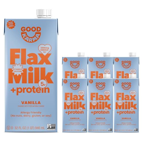 Good Karma Vanilla Flaxmilk +Protein, 32 Ounce (Pack of 6), 8g Plant Protein + 1200mg Omega-3 Per Serving, Plant-Based Non-Dairy Milk Alternative, Lactose Free, Nut Free, Vegan, Shelf Stable