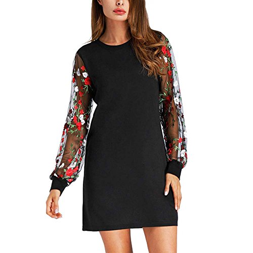 Xinantime Sales Women Mesh Dress Autumn and Winter Embroidery Maxi Dress Chiffon Lace Loose Long Maxi Dress Sweater Dress Black