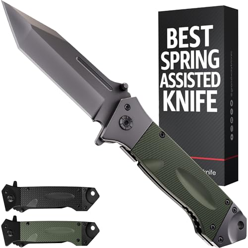 Spring Assisted Heavy Duty Pocket Knife for Men with G10 Handle & Pocket Clip – 3.5″ Tanto Blade – Folding Tactical Self Defense Japanese Knives – for Hunting Camping Military Survival Work EDC 6688