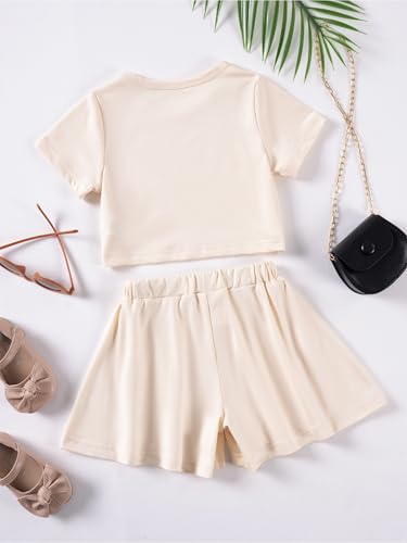 Girls Summer Casual Outfit Workout Running Quick Dry Sweatsuits 2 Piece Solid Color T-shirts And Shorts Set Beige 3-4 Years2