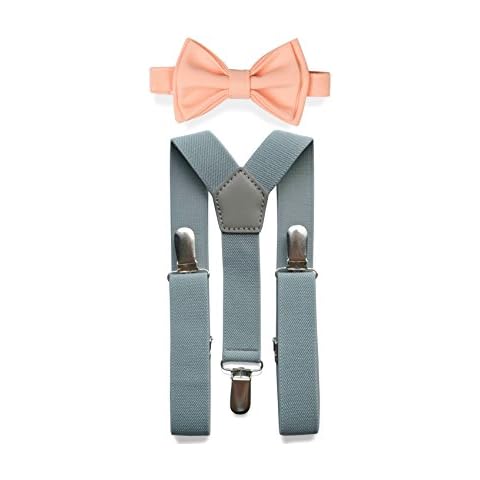 Armoniia Light Grey Suspenders Bow Tie Set for Baby Toddler Boy Teen Men (3. Boy (7-12 yrs), Light Grey Suspenders, Peach Bow Tie) Cover