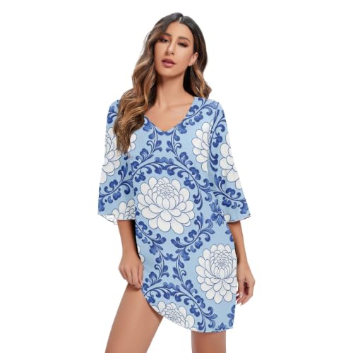 Robe en mousseline de soie délicate col en V bleu chrysanthème finitions luxe