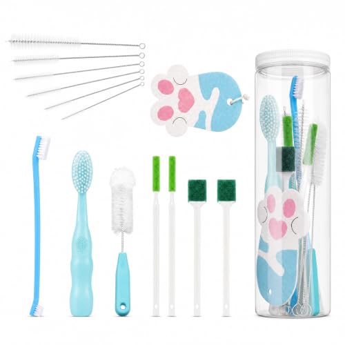Icsxyyzyq 14PCS Pet Water Fountain Cleaning Kit, Cat Fountain Cleaning Brushes with Dual‑End Hard Brush, Soft Bristle Brush & Cat Paw Sponge, Cleaner Tools for Pet Bowls Feeders with Storage Box