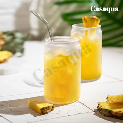 Image of Drinking Glasses with Plastic Lids and Straw - 450ml, Set of 1, Can Shaped Glass Cups, Beer Glasses, Iced Coffee Glasses, Cute Tumbler Cup, Ideal for Cocktail, Whiskey, Tea