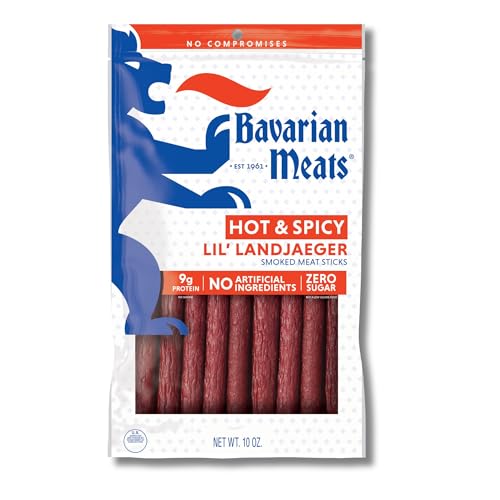 Bavarian Meats Hot & Spicy Lil' Landjaeger Meat Sticks, Smoked Sausage Protein Snacks, Zero Sugar, Great Source of Protein, Gluten Free, Keto Friendly Low Carb Snack, 10 Ounce