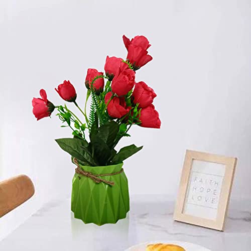 Image of RED Artificial Flower with Realistic Green Leaf Pot /Tree and Real Feeling Romantic Flower for Home Decoration Flower with Vase Pot Bonsai Plant (RED)