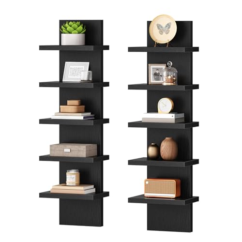Image of HOOBRO 5 Tier Wall Shelf Unit, 2 Pack Floating Shelves for Wall, Wall Mounted Shelves for Storage, Vertical Display Shelf, Organizer Tall Tower Design for Livingroom Bedroom Kitchen, Black BK18BJP201