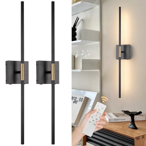 Akku Wandleuchte Innen,USB-C Wiederaufladbare LED Wandlampe mit Fernbedienung,Schwarz Dimmbar Touch Kabellose Wandleuchte Batterie 10000mAh,350° Drehbare für Wohnzimmer Schlafzimmer,70CM (2-Stück)