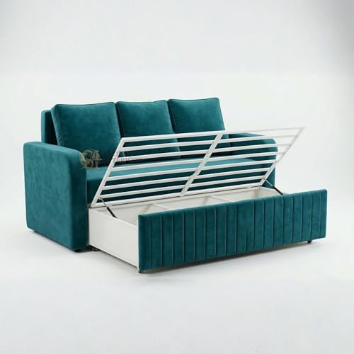 Image of Metal Frame Sofa Cum Bed with Full Cushion | Premium Velvet Fabric 3 Seater Pull-Out Sofa Bed | Space Saving Convertible Couch for Living Room | Modern Teal Color Sofa Bed 6X5 | Comfortable sleeping