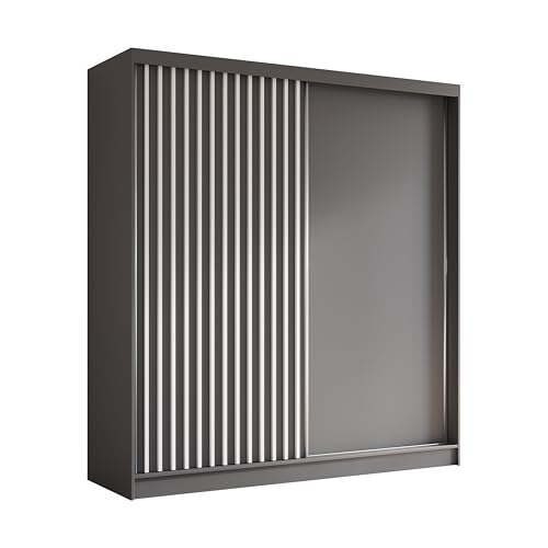 AXLIVING Cabinio Armoire à portes coulissantes Gris - 200 cm lamelle blanche