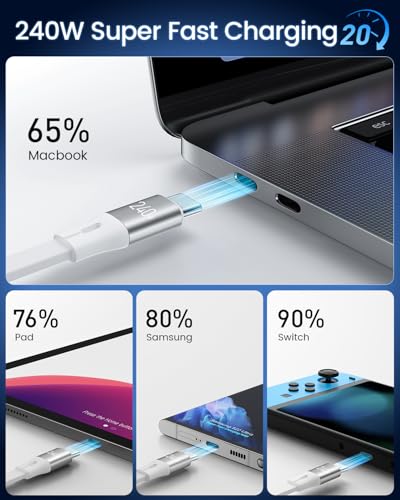 Image of CAFELE Retractable Charging Cable, 240W Multi Charging Cable with USB C to L /Type C 5A Fast Charging Fast Charger Cable 4 in 1 with 4.3FT Adjustable Length, Multi-Port Cord for Laptop, Phone (White)