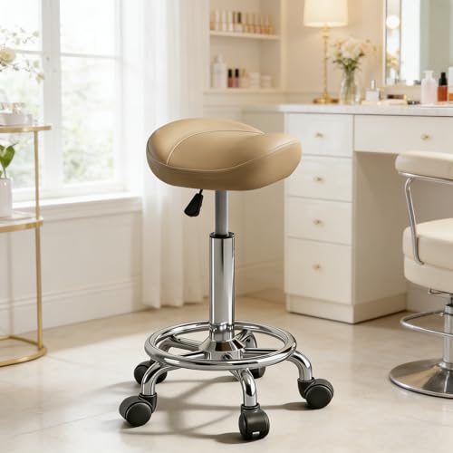 Image of Saddle Stool with Wheels, Adjustable Rolling Stool Chair with Back Support, Ergonomic PU Leather Saddle Chair for Salon, Massage, Tattoo, Medical, Spa, Office (Khaki, 1PCS)