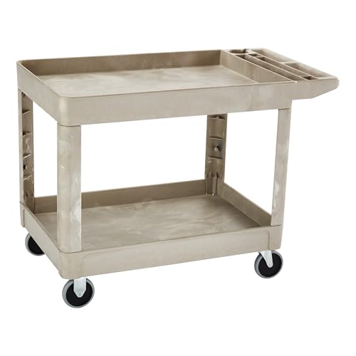 Image of Rubbermaid Commercial Products Heavy Duty 2-Shelf Utility /Service Cart, Medium, Lipped Shelves, Storage Handle, 500 lbs. Capacity, Beige, for Warehouse /Garage /Cleaning /Maintenance