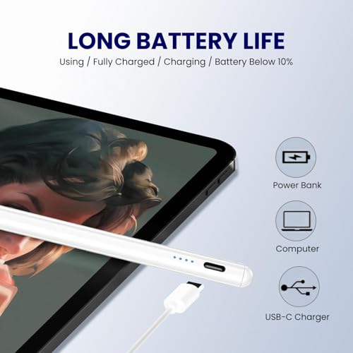 Image of Virtutron Stylus Pen for iPad | Palm Rejection & Tilt Sensitivity | Type C Charging Digital Pencil Compatible with iPad 2018 & Later, iPad 6 /7 /8 /9 /10th Gen, Pro 11 /12.9, Air 3 /4 /5, Mini 5 /6 (White)