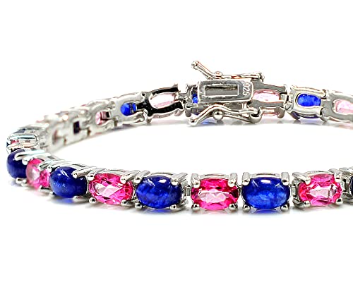 Tennis Bracelet Natural 6X4 Mm Oval Cut Pink Topaz & Sapphire Cabochon Gemstone 925 Sterling Silver Wedding Jewelry September Birthstone Proposal Bracelet Mother's Day Gift For Mom (Rhodium Plated Silver, 8 Inches) #TOP4