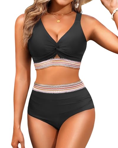Yonique Women's High Waisted Bikini - Twist Front Two Piece Swimsuit Color Block Full Coverage Bathing Suit