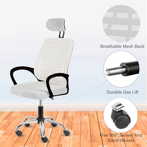 Image of Casa Copenhagen,Mesh Office Desk,Rocking, Ergonomic Computer Chair Adjustable High with Headrest and Comfortable Armrest Swivel Chair - Snow White & Black Handle