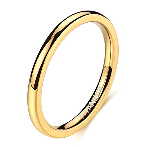 TIGRADE 2mm 4mm 6mm Gold Titanium Ring Plain Dome High Polished Wedding Band Comfort Fit Size 3-13, 2mm, Size 9