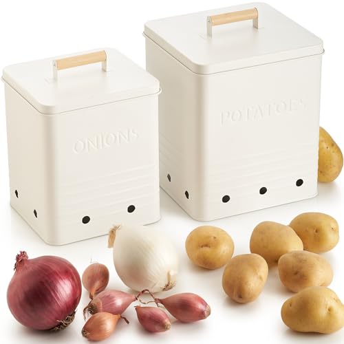 Comparison: Best Onion Storage Container 6 Beautiful Potato and Onion Storage Container Set - Perfectly Sized Spacious Canisters For Your Kitchen Counter Or Pantry - Quality Food Safe Metal Bins Keep Your Produce/Vegetables Fresh Longer